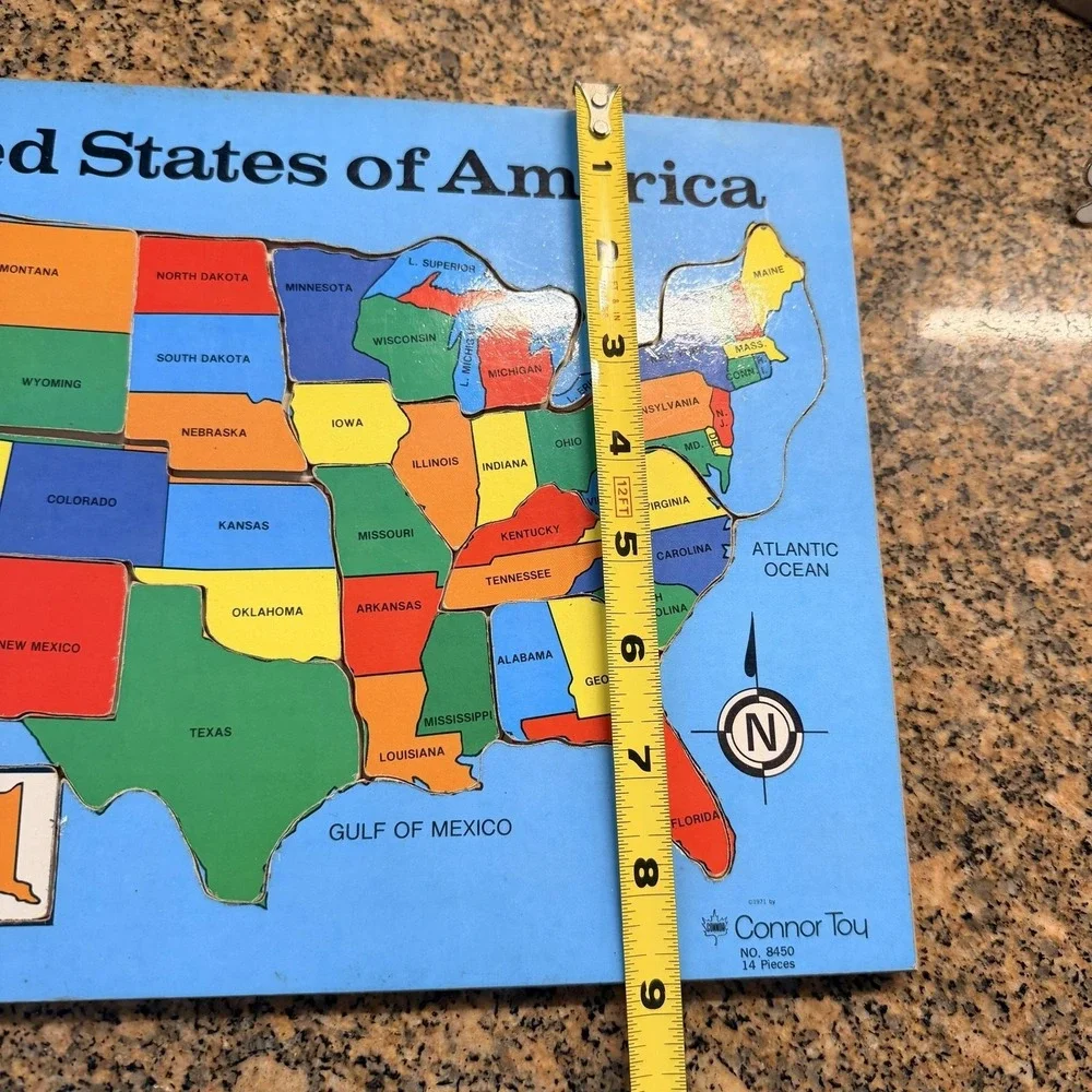 Vintage 1971 Connor Toy United States Map Wood Tray Puzzle 14 Piece Multicolor